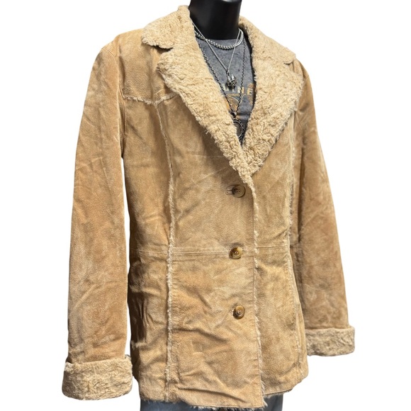 VINTAGE Penny lane meets Y2K Grunge 70's Leather faux Sherpa Fur Coat - XL Tan - Picture 3 of 9